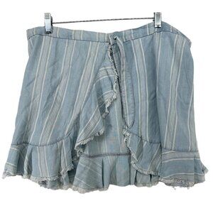 BB Dakota Women Mini Skirt Sz 4 Wrap Blue Chambray Striped Ruffled Fringe NEW